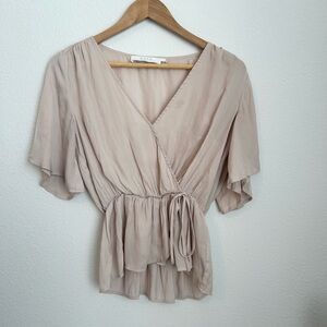 ASTR The Label Silky Beige Wrap Style Peplum Blouse - Medium